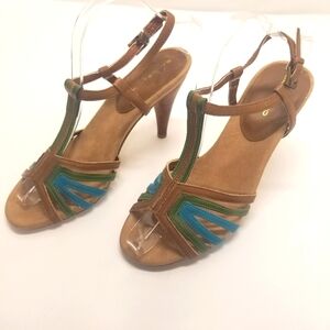 Bandolino Woman Sz 8 Slingback Ankle T Strap Tan Green Sandal Open Toe High Heel
